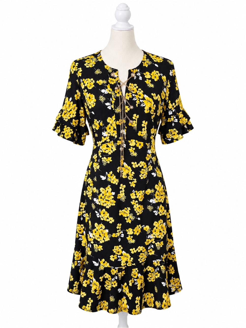 Michael Kors Black Midi Dress with Yellow Floral Print
